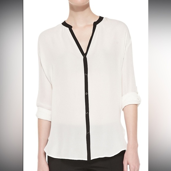 Vince Contrast Trim V-Neck Silk Blouse Off White Black Women’s Size XS - Picture 16 of 16